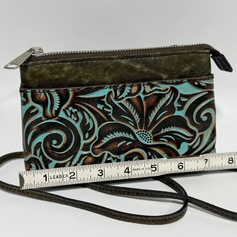 Patricia Nash Tooled Leather Crossbody Mini Purse Turquoise SORBOLA Flower 7